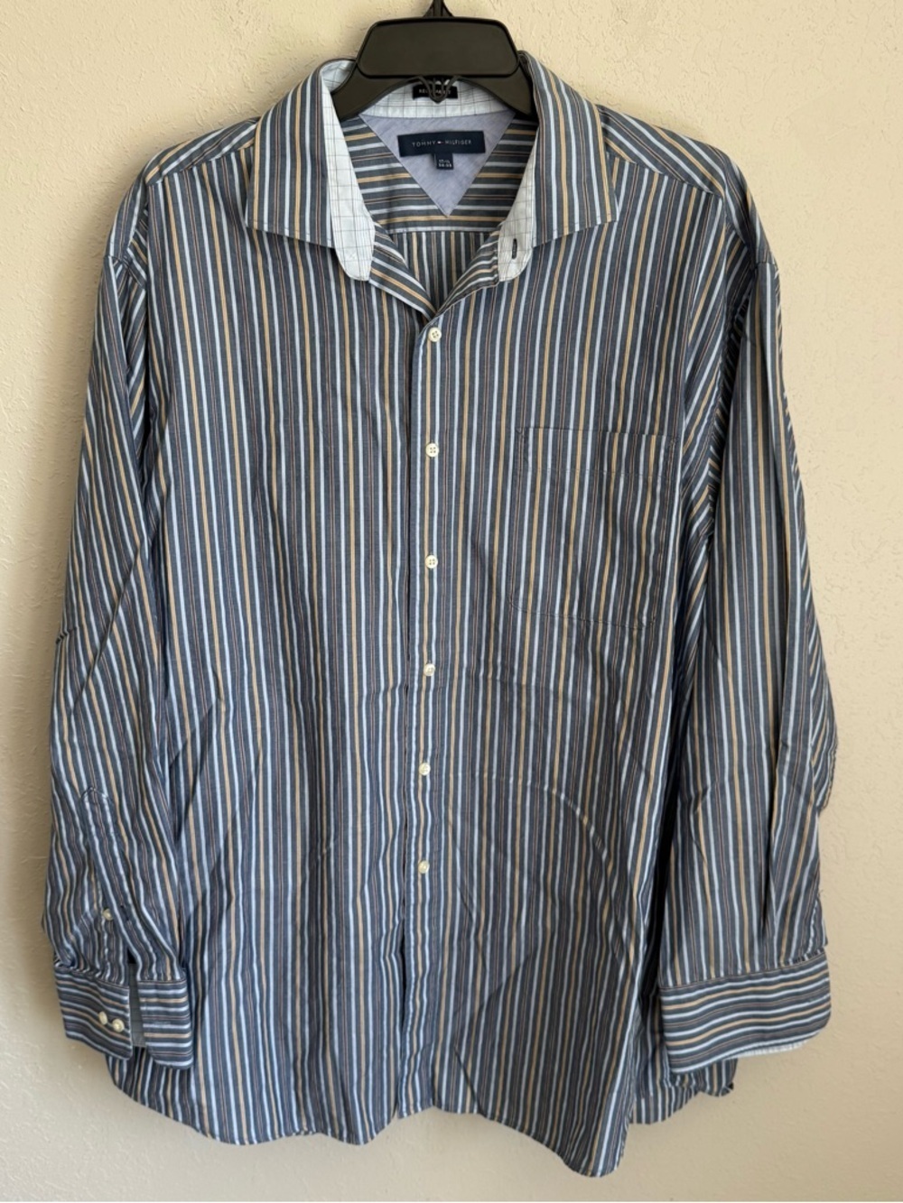 Men’s 17.5” Neck Blue Striped Tommy Hilfiger Preppy Business Casual Regular Fit